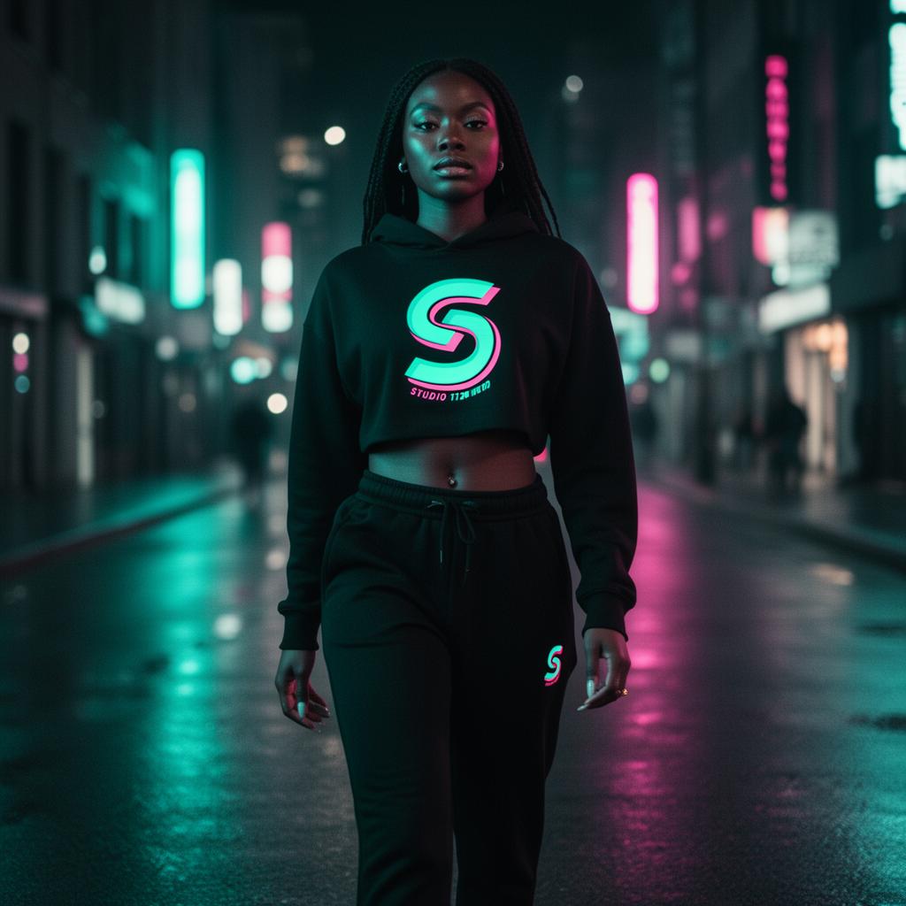 Model wearing Studio 112 UNLTD cropped hoodie and joggers on a neon-lit night street