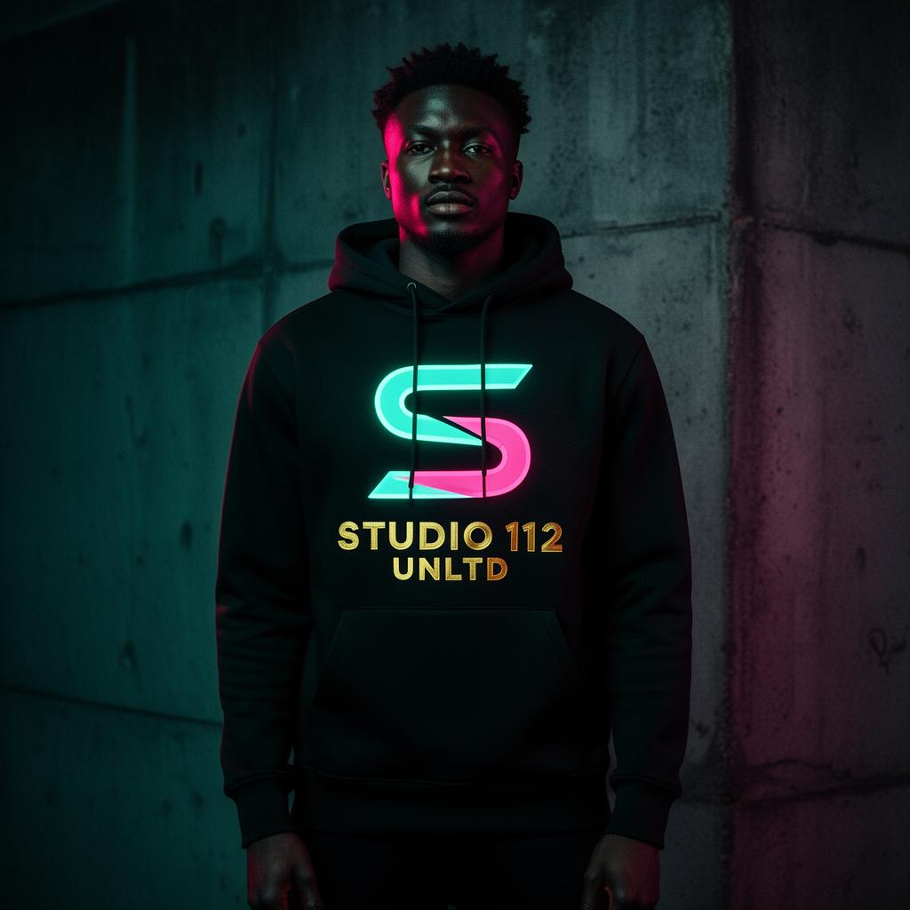 Model in Studio 112 UNLTD hoodie against a concrete wall